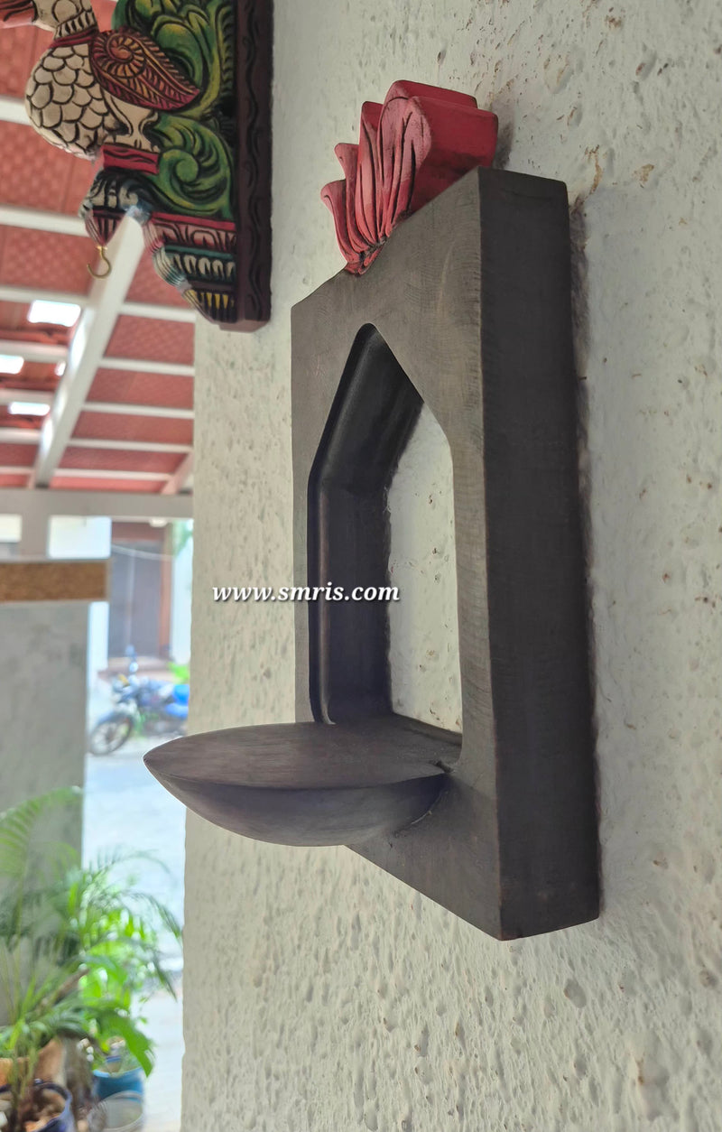 Vilakku Maadam with Lotus Wall Lamp Holder Mahogany Wooden Wall Hanging Wooden Carving Hanging Decor Corbel Traditional Chettinad Indian Handicrafts (12 H * 7 L *  5 W Inches)