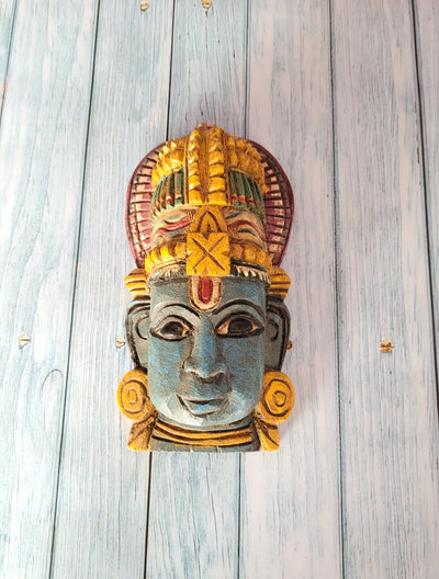 Lord Vishnu Mask Wooden Sculpture Wall Hanging Pooja Idol Mahogany Wood Carving Traditional Chettinad Indian Handicrafts (9 H x 5 L x 2.5 W inches)