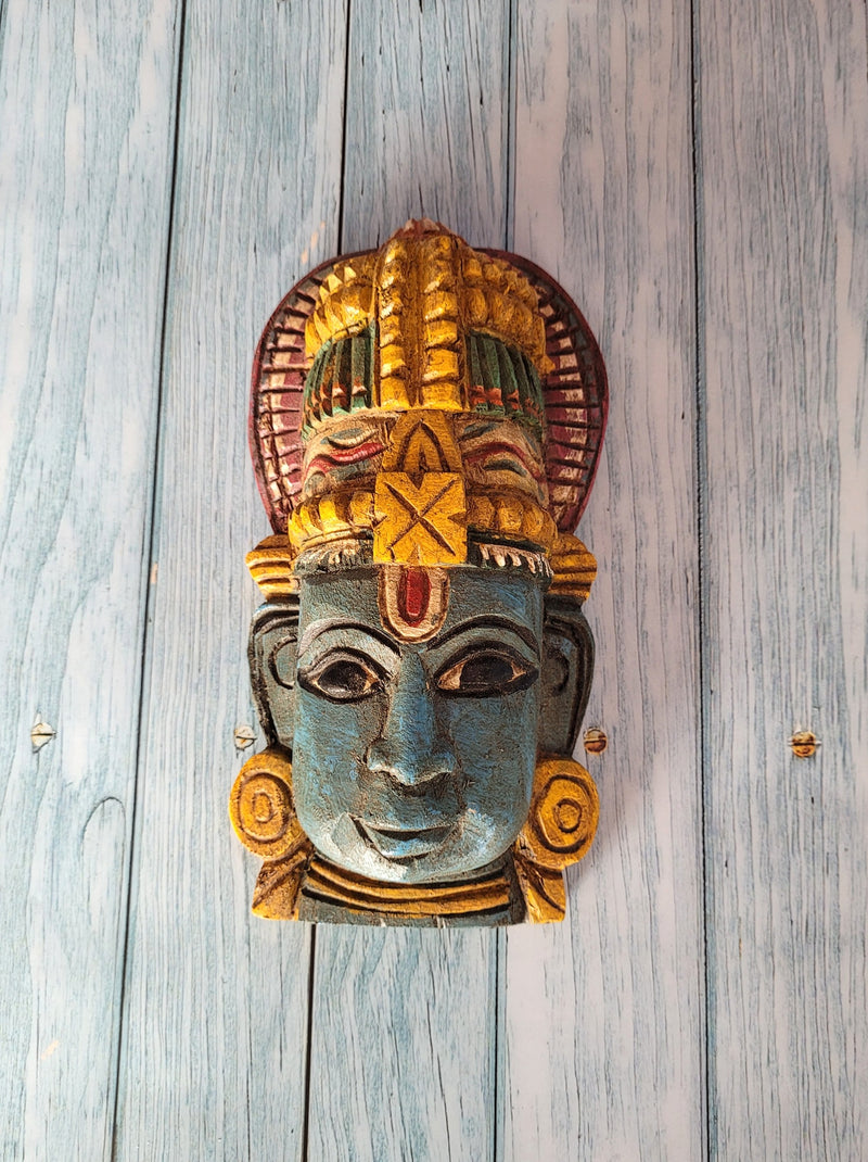 Lord Vishnu Mask Wooden Sculpture Wall Hanging Pooja Idol Mahogany Wood Carving Traditional Chettinad Indian Handicrafts (9 H x 5 L x 2.5 W inches)