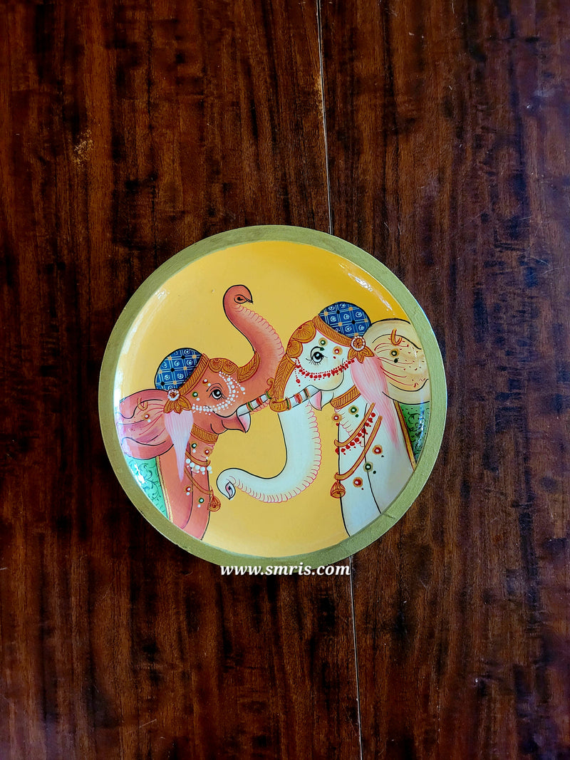 Wooden Pichwai Painting Wall Plate Hand Painted Two Elephants 6 Inch Design 1 Solid Wood Indian Handicrafts (6H x 6L x 1W Inches)
