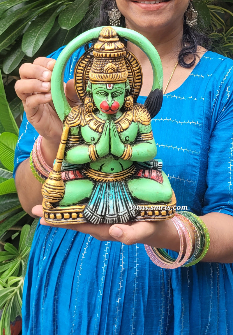 Hanuman Statue Sculpture Idol Green Colour Mahogany Wood Carving Table Decor Puja Room Traditional Chettinad Indian Handicrafts Puja Room Idol House Warming Gifts (9.5H x 6.7L x 3W Inches)