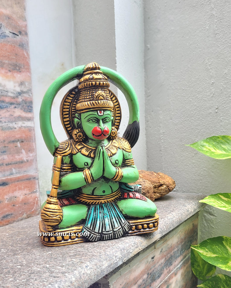 Hanuman Statue Sculpture Idol Green Colour Mahogany Wood Carving Table Decor Puja Room Traditional Chettinad Indian Handicrafts Puja Room Idol House Warming Gifts (9.5H x 6.7L x 3W Inches)