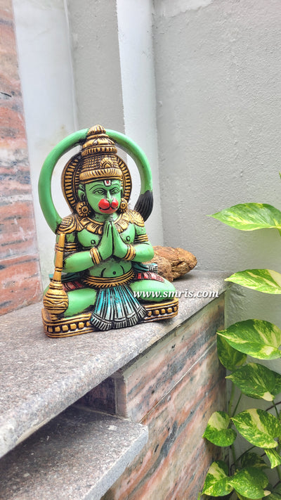 Hanuman Statue Sculpture Idol Green Colour Mahogany Wood Carving Table Decor Puja Room Traditional Chettinad Indian Handicrafts Puja Room Idol House Warming Gifts (9.5H x 6.7L x 3W Inches)