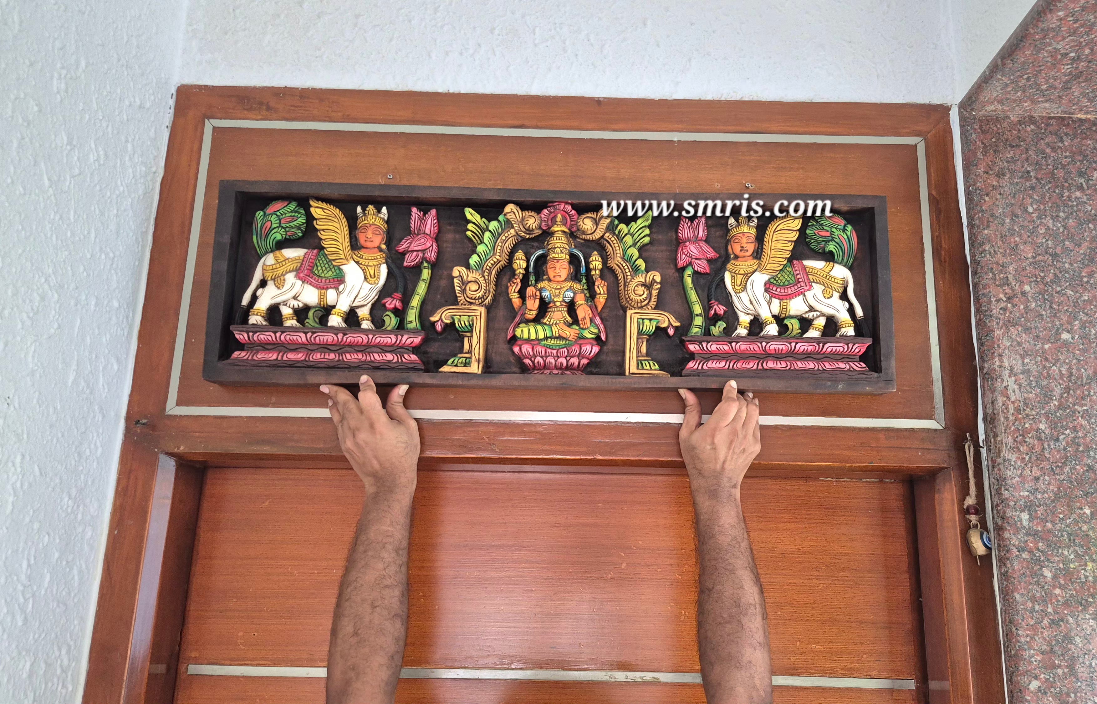 Lakshmi And Kamadhenu Mahogany Wood Carving Wall Panel / Wall Hanging ...