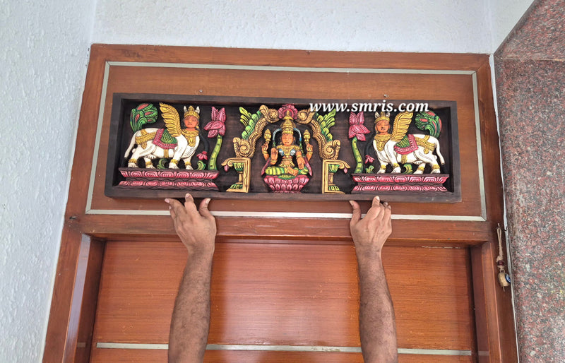 Lakshmi And Kamadhenu Mahogany Wood Carving Wall Panel / Wall Hanging Puja Room Traditional Chettinad Indian Handicrafts Puja Room Decor House Warming Gifts (10.5H x 36L x 2W Inches)