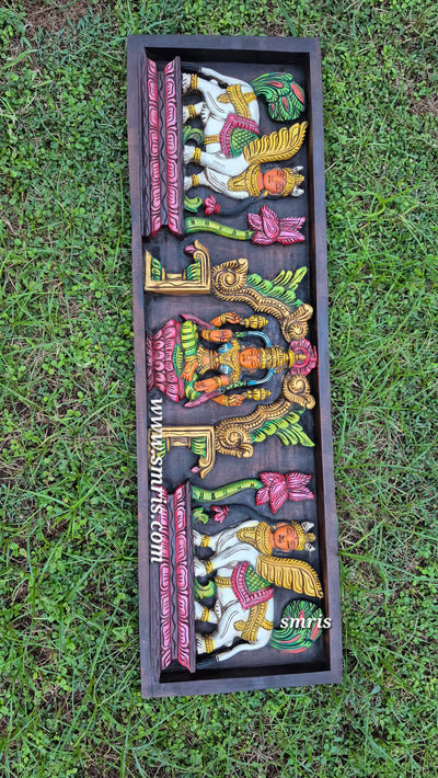 Lakshmi And Kamadhenu Mahogany Wood Carving Wall Panel / Wall Hanging Puja Room Traditional Chettinad Indian Handicrafts Puja Room Decor House Warming Gifts (10.5H x 36L x 2W Inches)