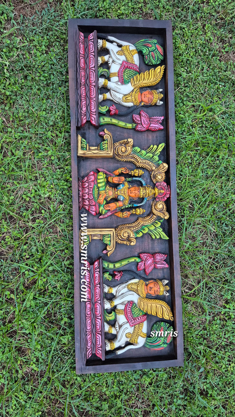 Lakshmi And Kamadhenu Mahogany Wood Carving Wall Panel / Wall Hanging Puja Room Traditional Chettinad Indian Handicrafts Puja Room Decor House Warming Gifts (10.5H x 36L x 2W Inches)