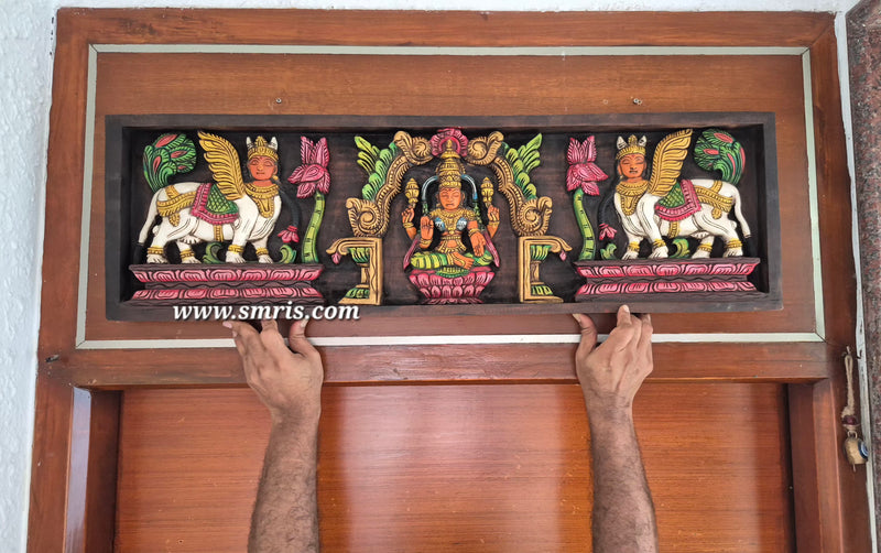 Lakshmi And Kamadhenu Mahogany Wood Carving Wall Panel / Wall Hanging Puja Room Traditional Chettinad Indian Handicrafts Puja Room Decor House Warming Gifts (10.5H x 36L x 2W Inches)