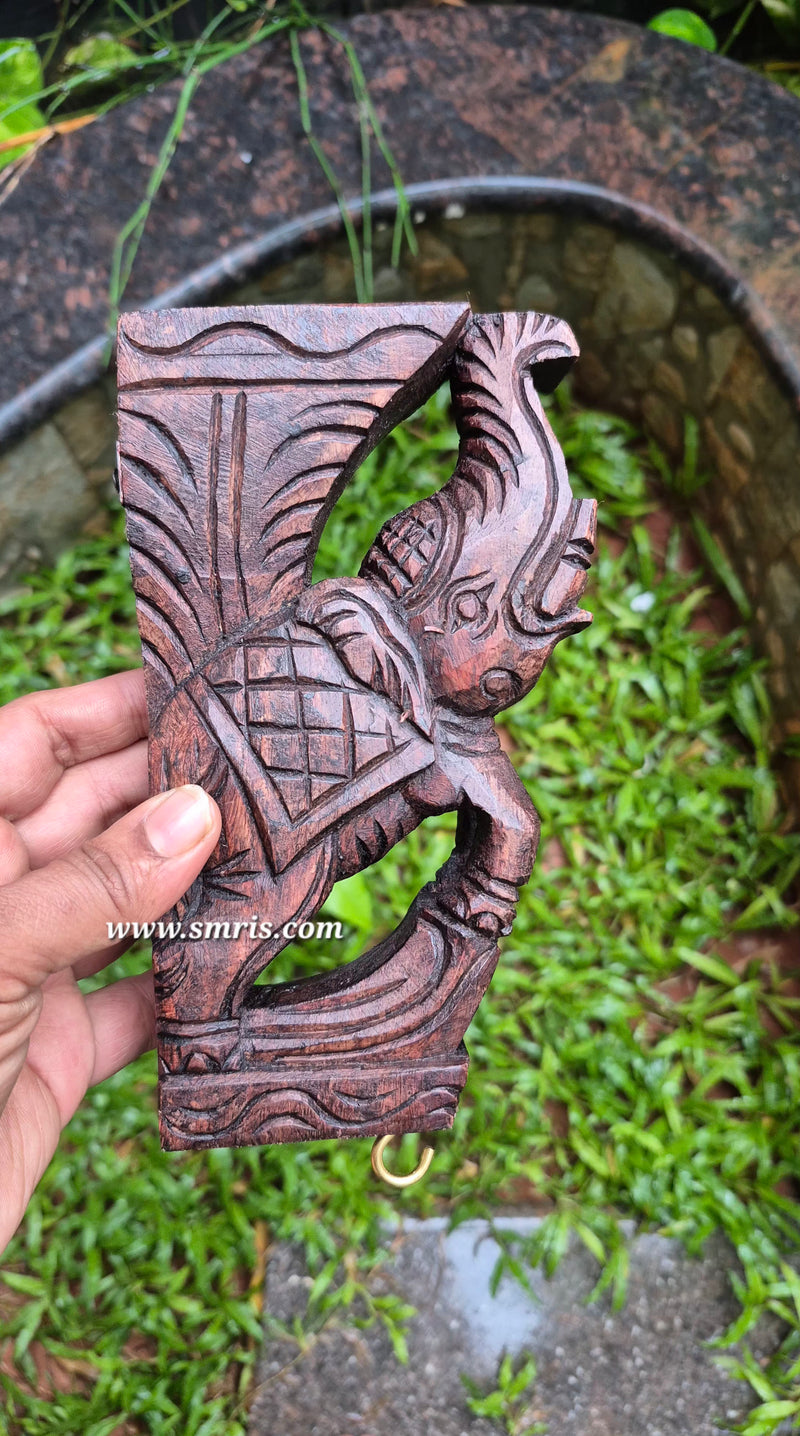 Wood carving Small Elephant Trunk Up Wall Bracket / Corbel Rosewood Colour Wall Bracket Hanging Decor South Indian Chettinad Handcarved Handicraft vastu decor (7H x 4L x 1.5W Inches) 1 piece