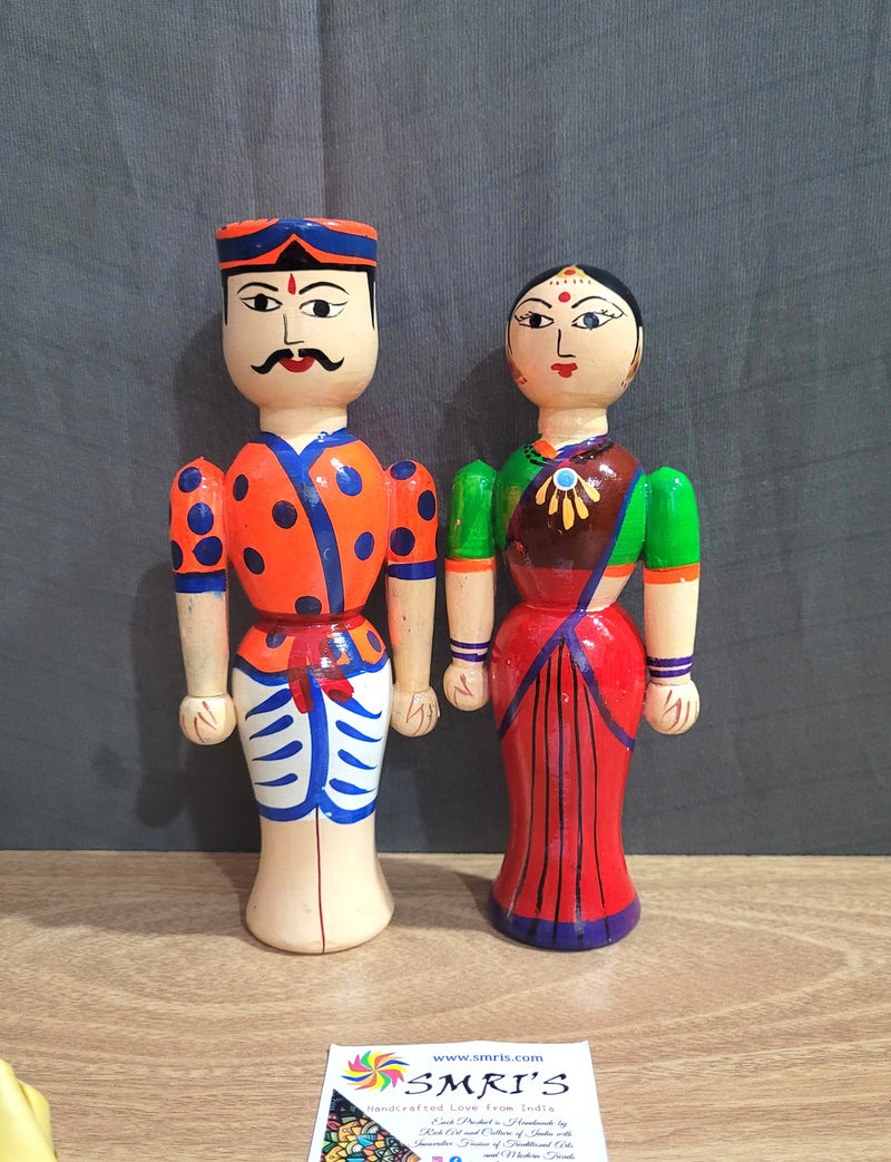 Wooden Carving Indian Couple Doll 7" Doll Pair Big Orange & Red (7 H * 2.5 L * 1.5 W * 2 Count ) Inches