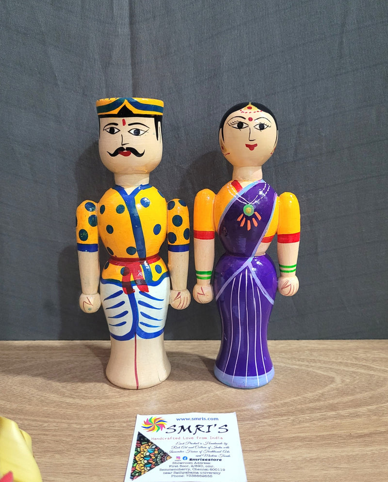 Wooden Carving Indian Couple Doll 7" Doll Pair Big Yellow & Violet (7 H * 2.5 L * 1.5 W * 2 Count ) Inches