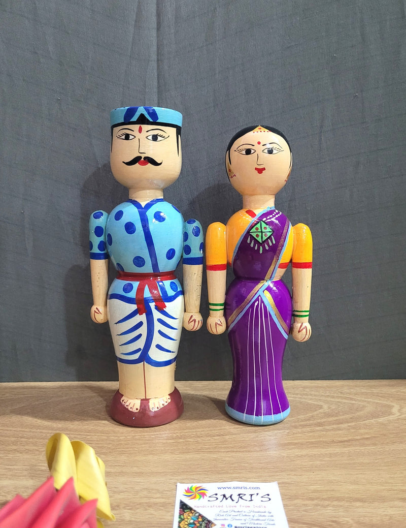 Wooden Carving Indian Couple Doll 8.5" Doll Pair Big Blue & Violet (8.5 H * 3.5 L * 3.5W * 2 count) Inches