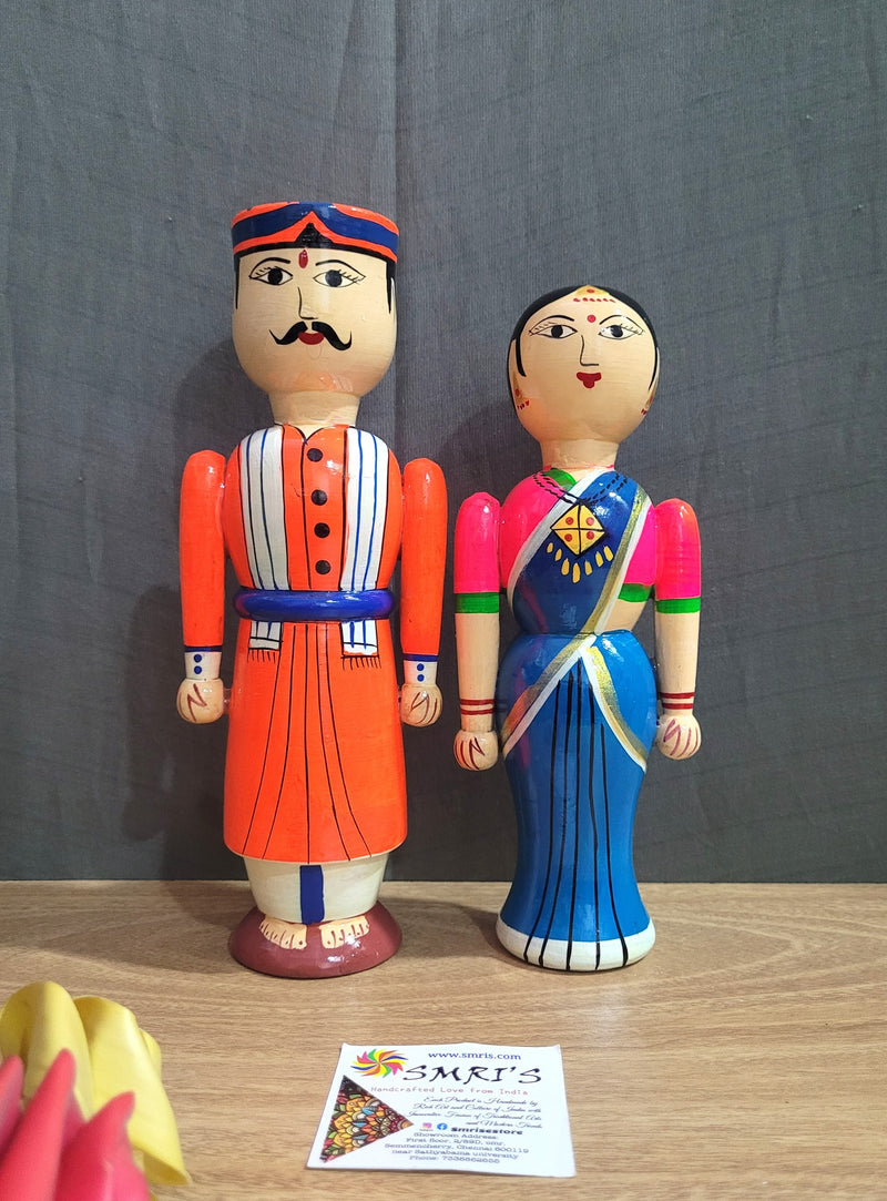 Wooden Carving Indian Couple Doll 8.5" Doll Pair Big Orange & Blue (8.5 H * 3.5 L * 3.5W * 2 count) Inches