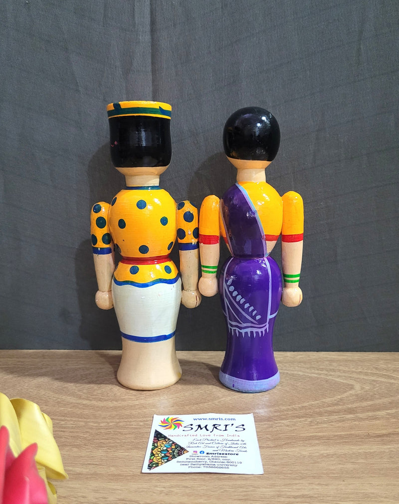 Wooden Carving Indian Couple Doll 7" Doll Pair Big Yellow & Violet (7 H * 2.5 L * 1.5 W * 2 Count ) Inches