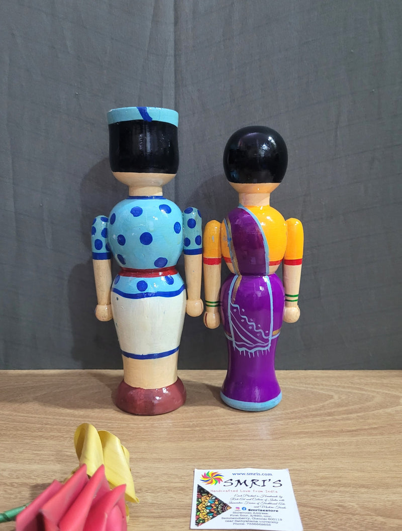 Wooden Carving Indian Couple Doll 8.5" Doll Pair Big Blue & Violet (8.5 H * 3.5 L * 3.5W * 2 count) Inches
