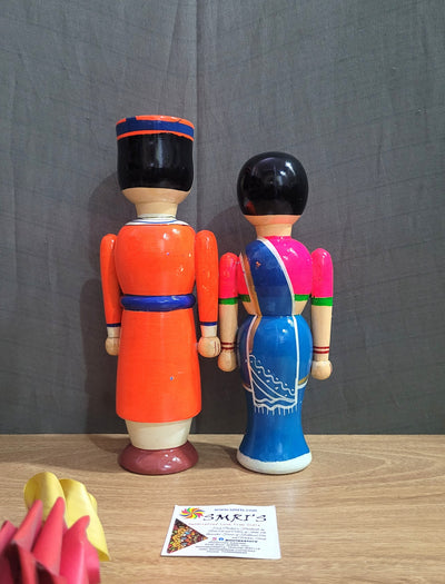 Wooden Carving Indian Couple Doll 8.5" Doll Pair Big Orange & Blue (8.5 H * 3.5 L * 3.5W * 2 count) Inches