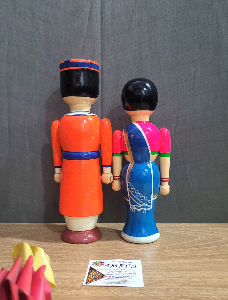 Wooden Carving Indian Couple Doll 8.5" Doll Pair Big Orange & Blue (8.5 H * 3.5 L * 3.5W * 2 count) Inches