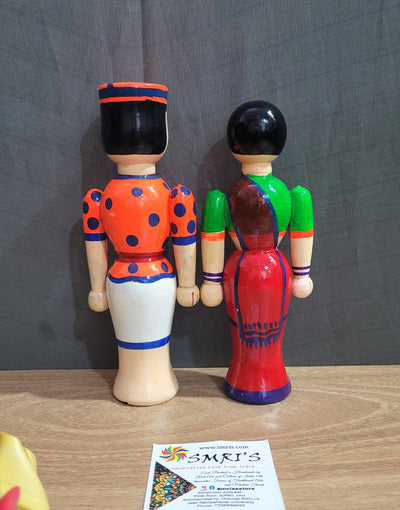Wooden Carving Indian Couple Doll 7" Doll Pair Big Orange & Red (7 H * 2.5 L * 1.5 W * 2 Count ) Inches