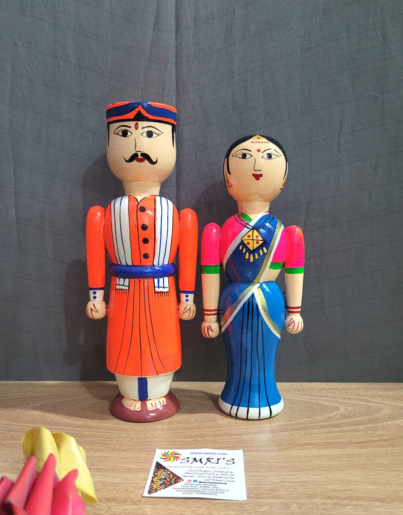 Wooden Carving Indian Couple Doll 8.5" Doll Pair Big Orange & Blue (8.5 H * 3.5 L * 3.5W * 2 count) Inches