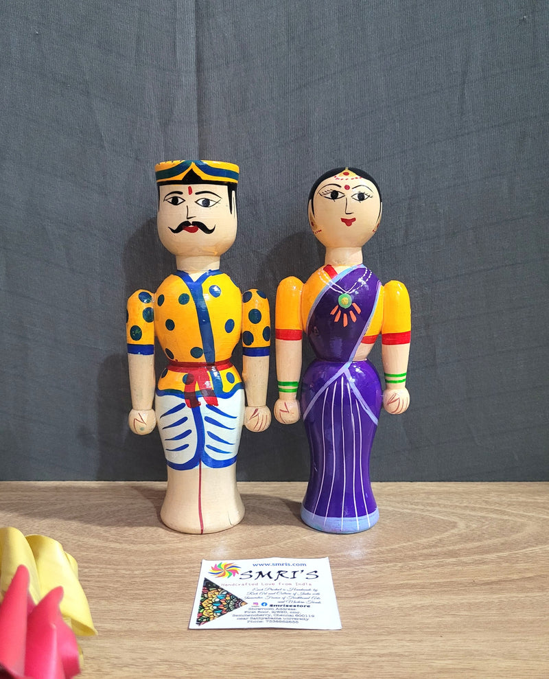 Wooden Carving Indian Couple Doll 7" Doll Pair Big Yellow & Violet (7 H * 2.5 L * 1.5 W * 2 Count ) Inches