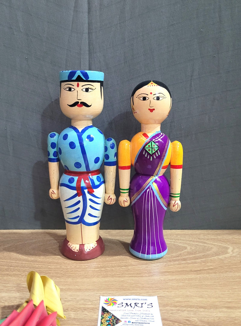 Wooden Carving Indian Couple Doll 8.5" Doll Pair Big Blue & Violet (8.5 H * 3.5 L * 3.5W * 2 count) Inches