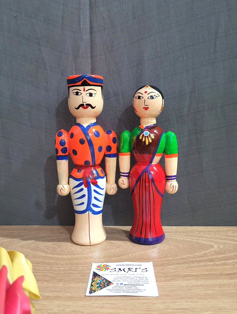 Wooden Carving Indian Couple Doll 7" Doll Pair Big Orange & Red (7 H * 2.5 L * 1.5 W * 2 Count ) Inches