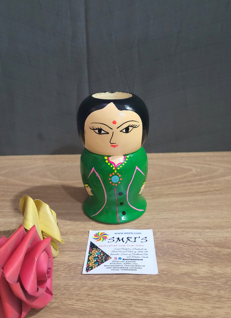 Wooden Lady Pen Stand Green Wood Carving Hand Painted Indian Traditional Handicrafts Gifts ( 4.5 H * 2.5 L * 2.5 W ) Inches