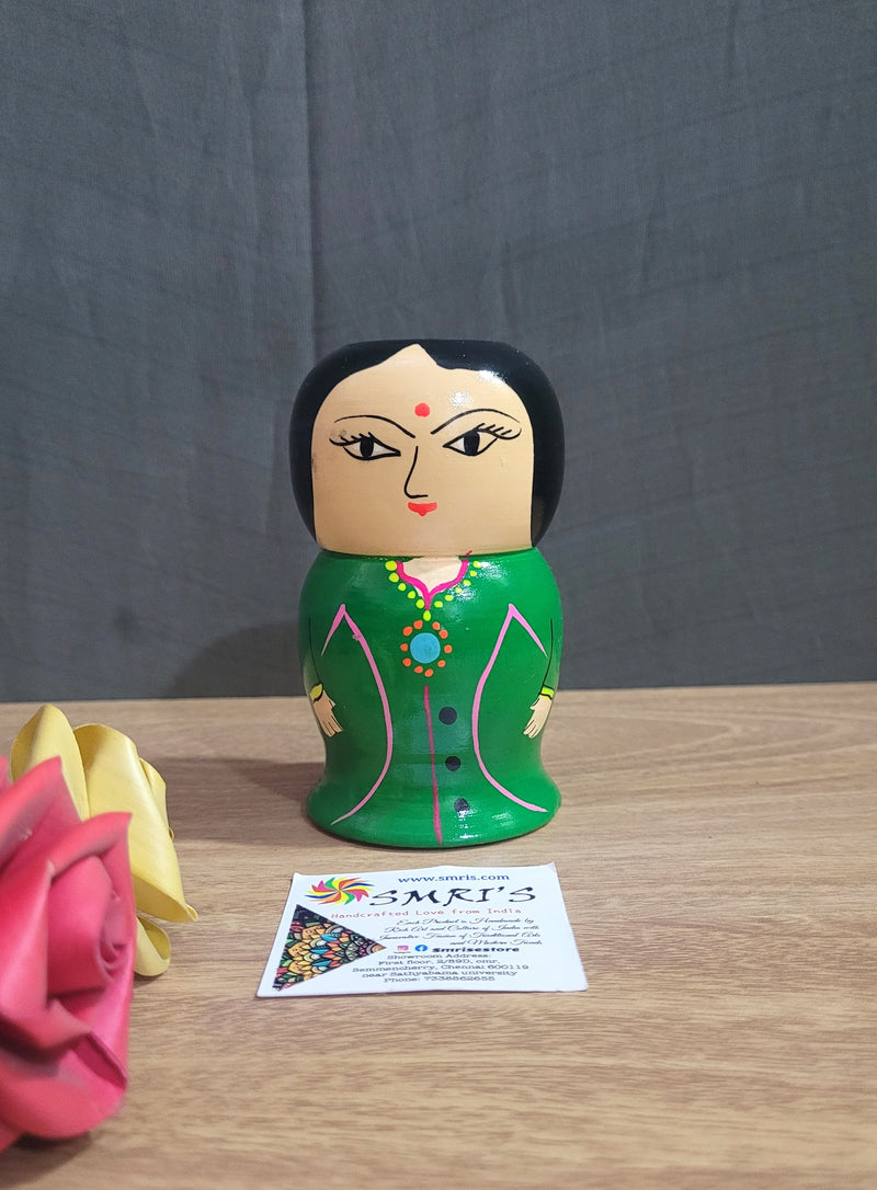Wooden Lady Pen Stand Green Wood Carving Hand Painted Indian Traditional Handicrafts Gifts ( 4.5 H * 2.5 L * 2.5 W ) Inches