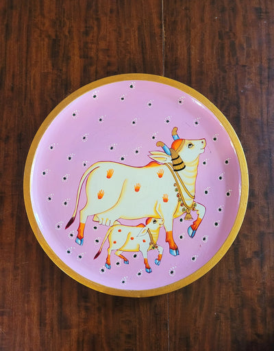 Wooden Pichwai Painting Wall Plate Hand Painted Calw and Calf 10 Inch Design 6 Solid Wood Indian Handicrafts (10H x 10L x 1W Inches)