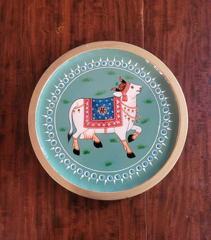 Wooden Pichwai Painting Wall Plate Hand Painted Cow 8 Inch Design 6 Solid Wood Indian Handicrafts (8H x 8L x 1W Inches)