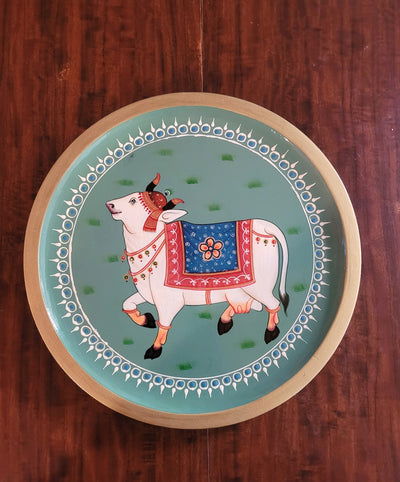 Wooden Pichwai Painting Wall Plate Hand Painted Cow 10 Inch Design 4 Solid Wood Indian Handicrafts (10H x 10L x 1W Inches)