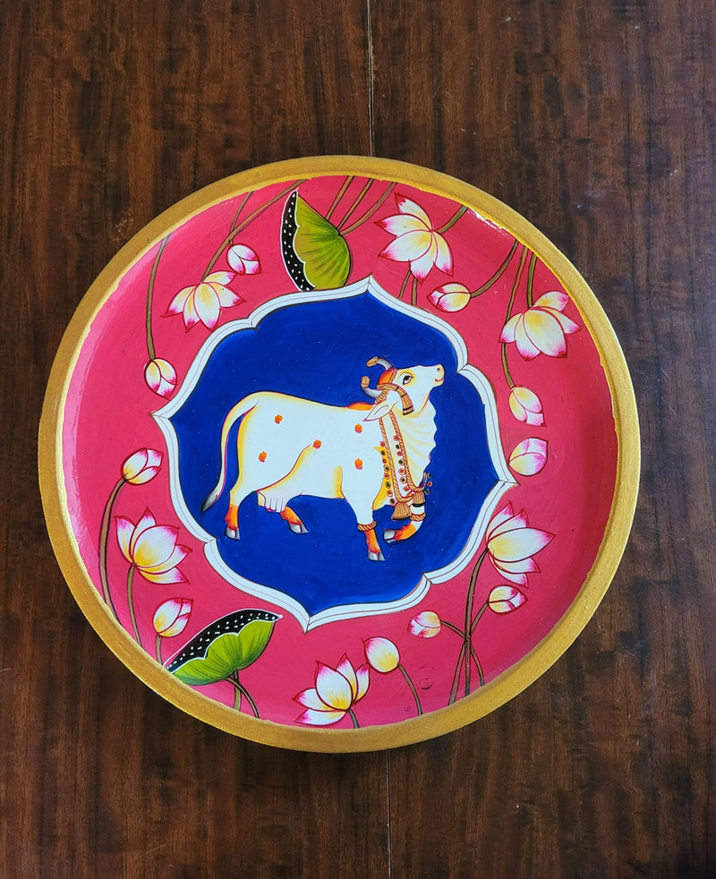Wooden Pichwai Painting Wall Plate Hand Painted Cow 10 Inch Design 3 Solid Wood Indian Handicrafts (10H x 10L x 1W Inches)