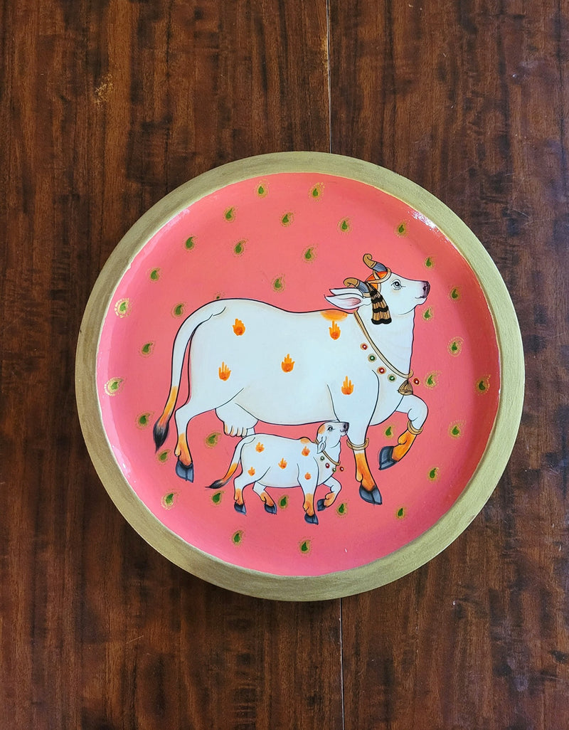 Wooden Pichwai Painting Wall Plate Hand Painted Cow and Calf 8 Inch Design 7 Solid Wood Indian Handicrafts (8H x 8L x 1W Inches)