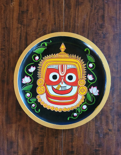 Wooden Pichwai Painting Wall Plate Hand Painted Lord Jaganath Ji 8 Inch Design 3 Solid Wood Indian Handicrafts (8H x 8L x 1W Inches)