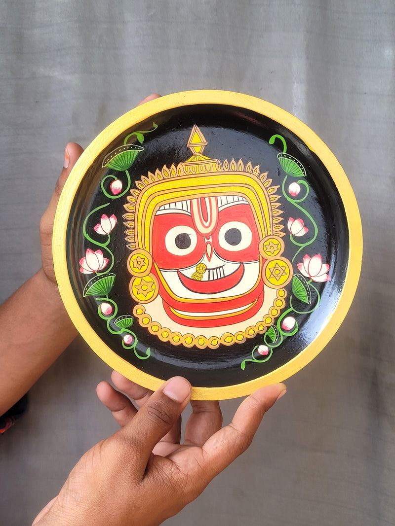 Wooden Pichwai Painting Wall Plate Hand Painted Lord Jaganath Ji 8 Inch Design 3 Solid Wood Indian Handicrafts (8H x 8L x 1W Inches)