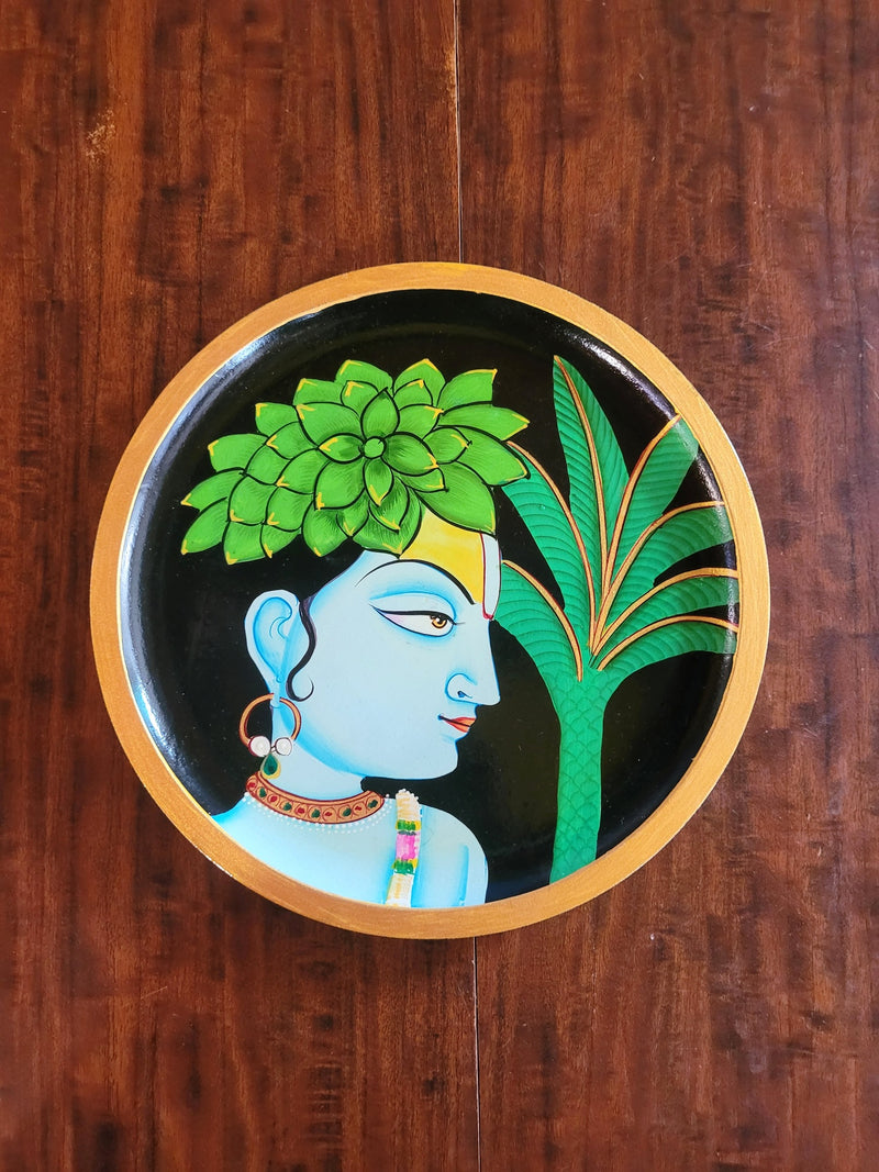 Wooden Pichwai Painting Wall Plate Hand Painted Krishna 8 Inch Design 4 Solid Wood Indian Handicrafts (8H x 8L x 1W Inches)