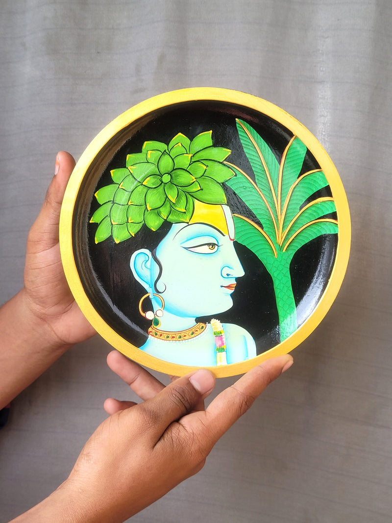 Wooden Pichwai Painting Wall Plate Hand Painted Krishna 8 Inch Design 4 Solid Wood Indian Handicrafts (8H x 8L x 1W Inches)