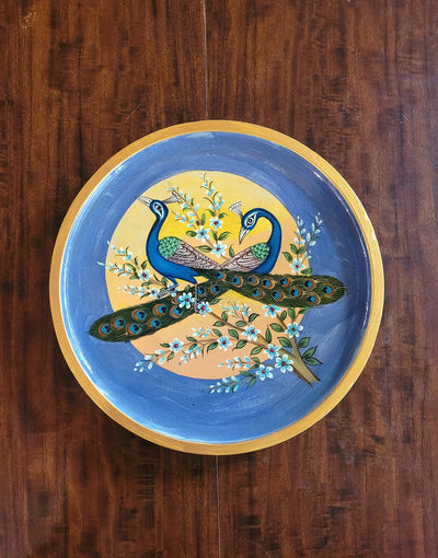 Wooden Pichwai Painting Wall Plate Hand Painted Two Peacocks 8 Inch Design 2 Solid Wood Indian Handicrafts (8H x 8L x 1W Inches)