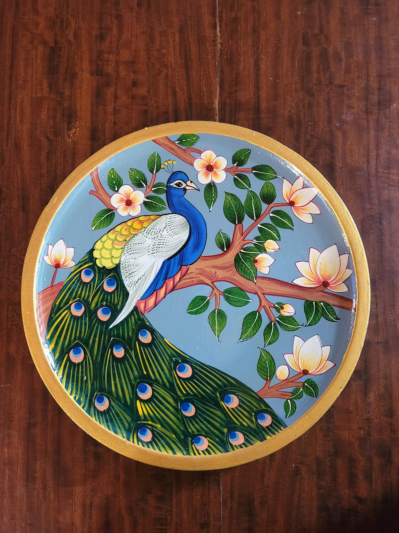 Wooden Pichwai Painting Wall Plate Hand Painted Peacock 10 Inch Design 2 Solid Wood Indian Handicrafts (10H x 10L x 1W Inches)