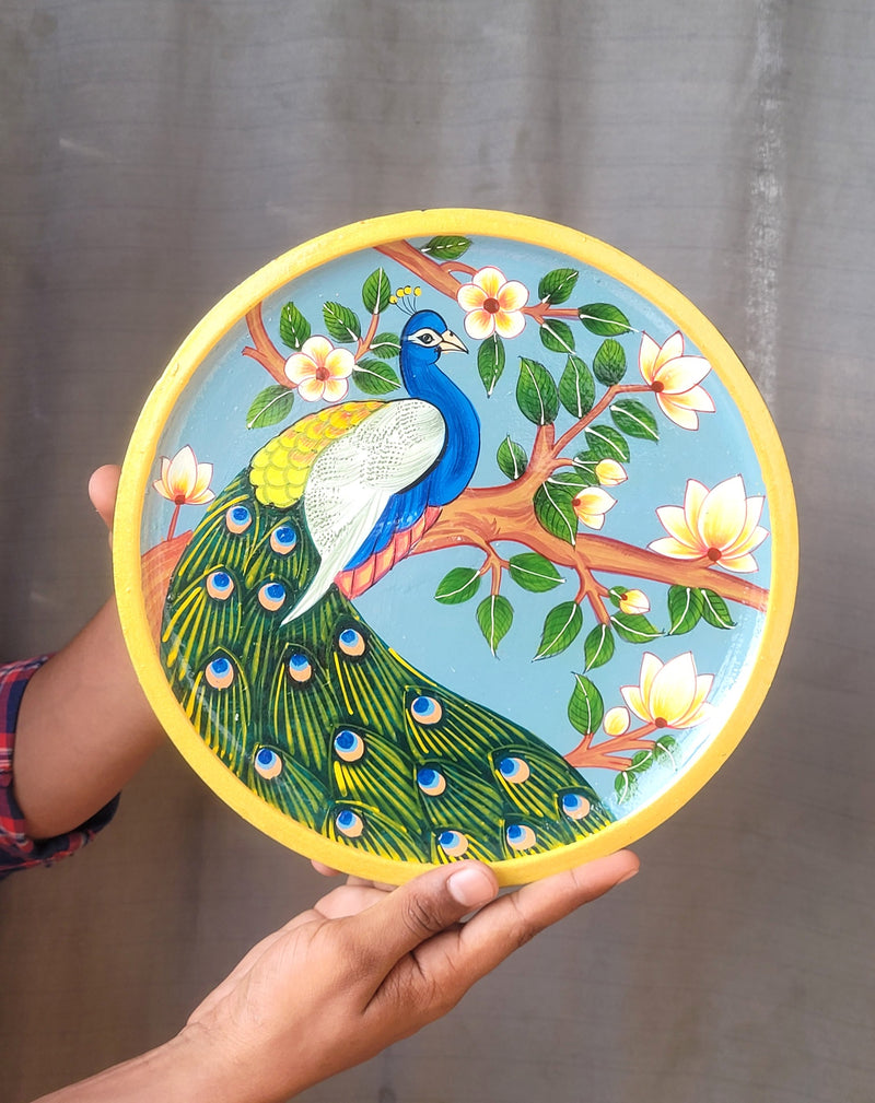 Wooden Pichwai Painting Wall Plate Hand Painted Peacock 10 Inch Design 2 Solid Wood Indian Handicrafts (10H x 10L x 1W Inches)