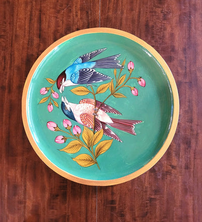 Wooden Pichwai Painting Wall Plate Hand Painted Sparrow Pair 8 Inch Design 1 Solid Wood Indian Handicrafts (8H x 8L x 1W Inches)