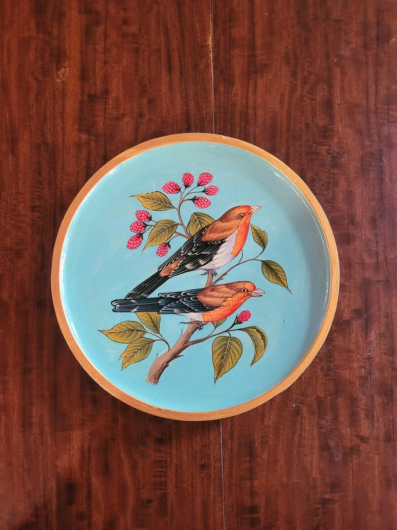 Wooden Pichwai Painting Wall Plate Hand Painted Sparrow Pair 8 Inch Design 1 Solid Wood Indian Handicrafts (8H x 8L x 1W Inches)