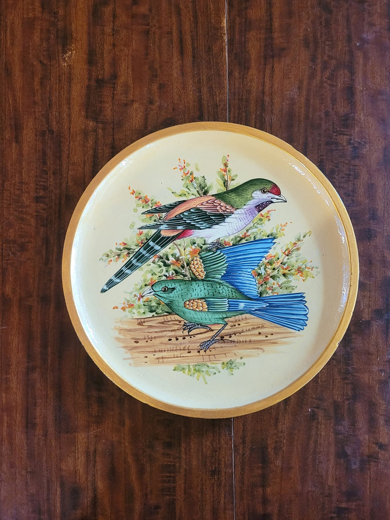 Wooden Pichwai Painting Wall Plate Hand Painted Sparrow Pair 8 Inch Design 1 Solid Wood Indian Handicrafts (8H x 8L x 1W Inches)