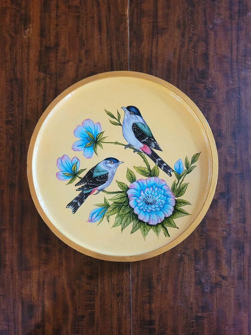 Wooden Pichwai Painting Wall Plate Hand Painted Sparrow Pair 8 Inch Design 1 Solid Wood Indian Handicrafts (8H x 8L x 1W Inches)