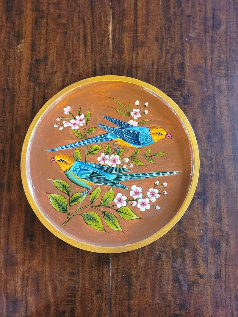 Wooden Pichwai Painting Wall Plate Hand Painted Sparrow Pair 8 Inch Design 1 Solid Wood Indian Handicrafts (8H x 8L x 1W Inches)