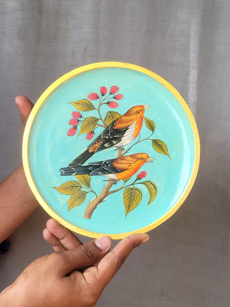Wooden Pichwai Painting Wall Plate Hand Painted Sparrow Pair 8 Inch Design 1 Solid Wood Indian Handicrafts (8H x 8L x 1W Inches)