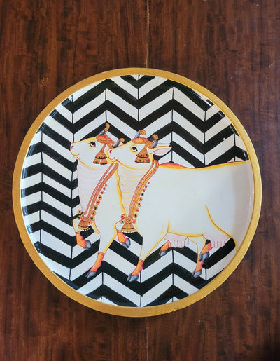 Wooden Pichwai Painting Wall Plate Hand Painted Two Cows 10 Inch Design 5 Solid Wood Indian Handicrafts (10H x 10L x 1W Inches)