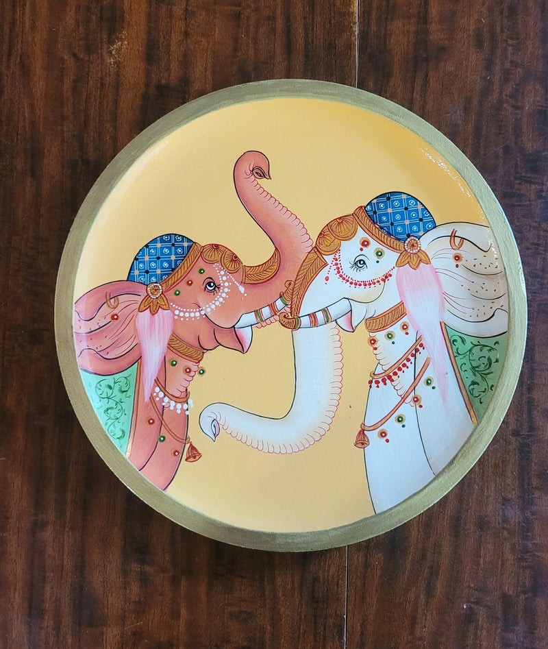 Wooden Pichwai Painting Wall Plate Hand Painted Two Elephants 8 Inch  Design 5 Solid Wood Indian Handicrafts (8H x 8L x 1W Inches)