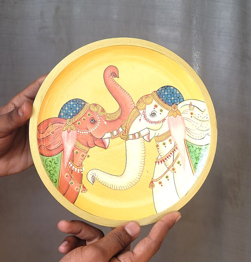Wooden Pichwai Painting Wall Plate Hand Painted Two Elephants 8 Inch  Design 5 Solid Wood Indian Handicrafts (8H x 8L x 1W Inches)