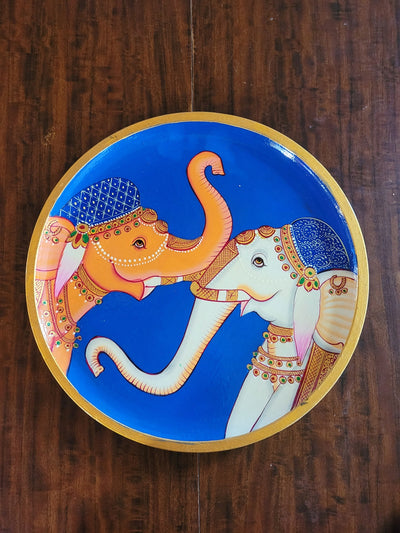 Wooden Pichwai Painting Wall Plate Hand Painted Two Elephants 10 Inch Design 1 Solid Wood Indian Handicrafts (10H x 10L x 1W Inches)